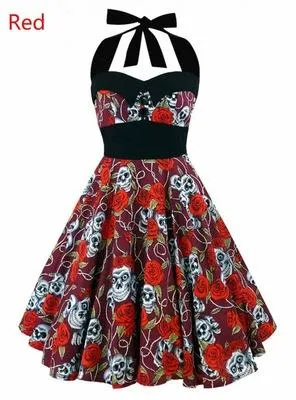 Skull Floral Print Sleeveless Retro Vintage Women's Summer Dress