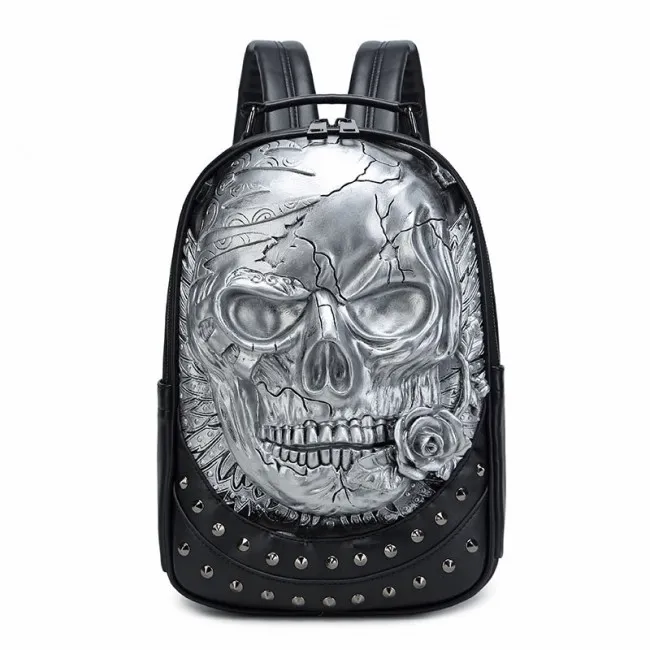 Skull Rose Rivet Travel Backpack for Teens and Men - Punk Style 3D Laptop Bag - PU Leather