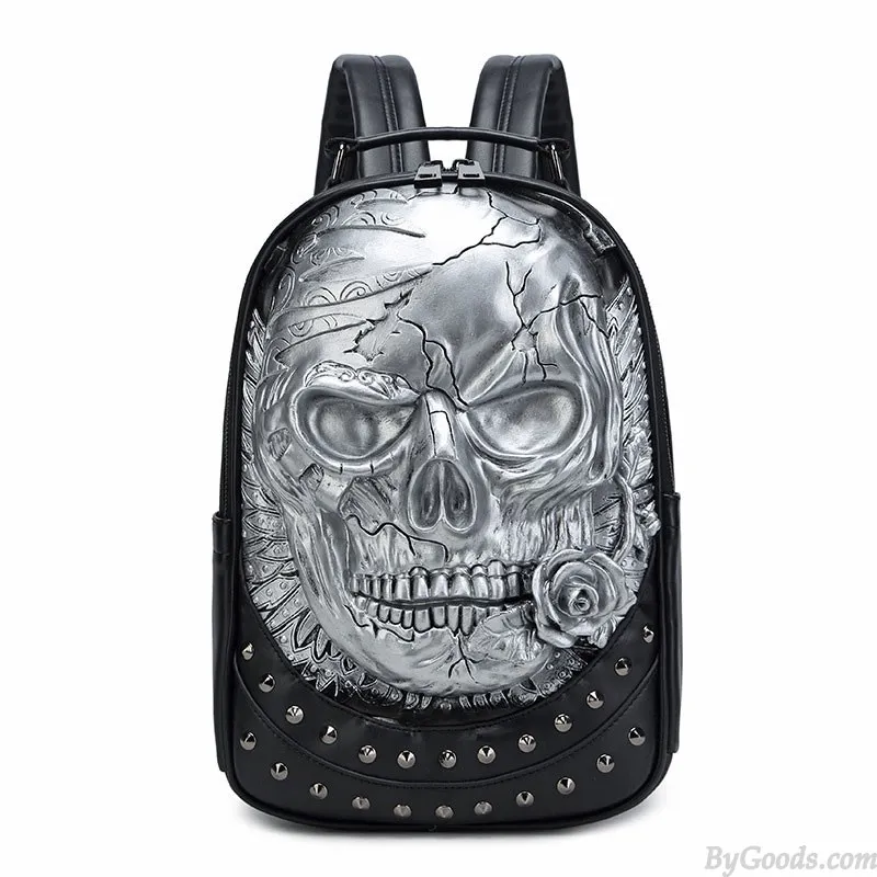 Skull Rose Rivet Travel Backpack for Teens and Men - Punk Style 3D Laptop Bag - PU Leather