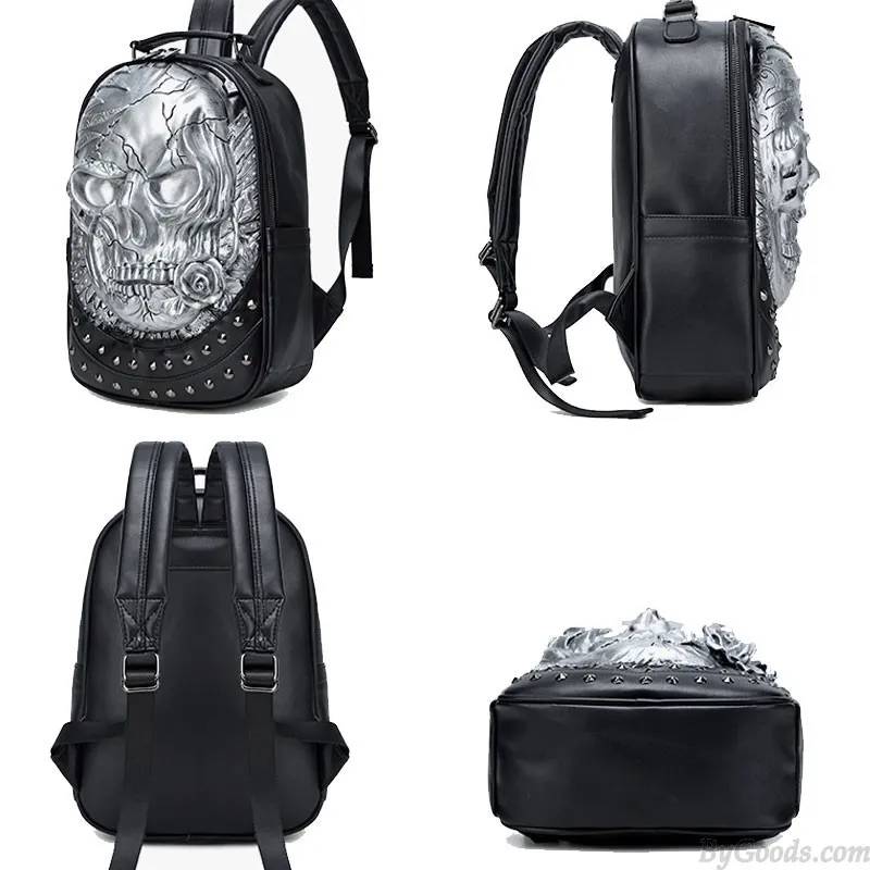 Skull Rose Rivet Travel Backpack for Teens and Men - Punk Style 3D Laptop Bag - PU Leather