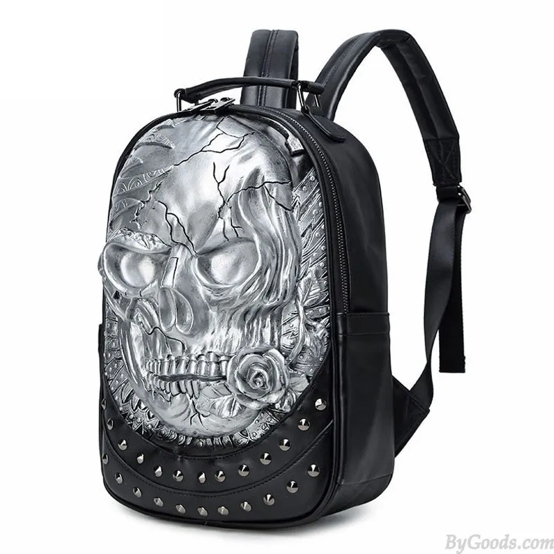 Skull Rose Rivet Travel Backpack for Teens and Men - Punk Style 3D Laptop Bag - PU Leather