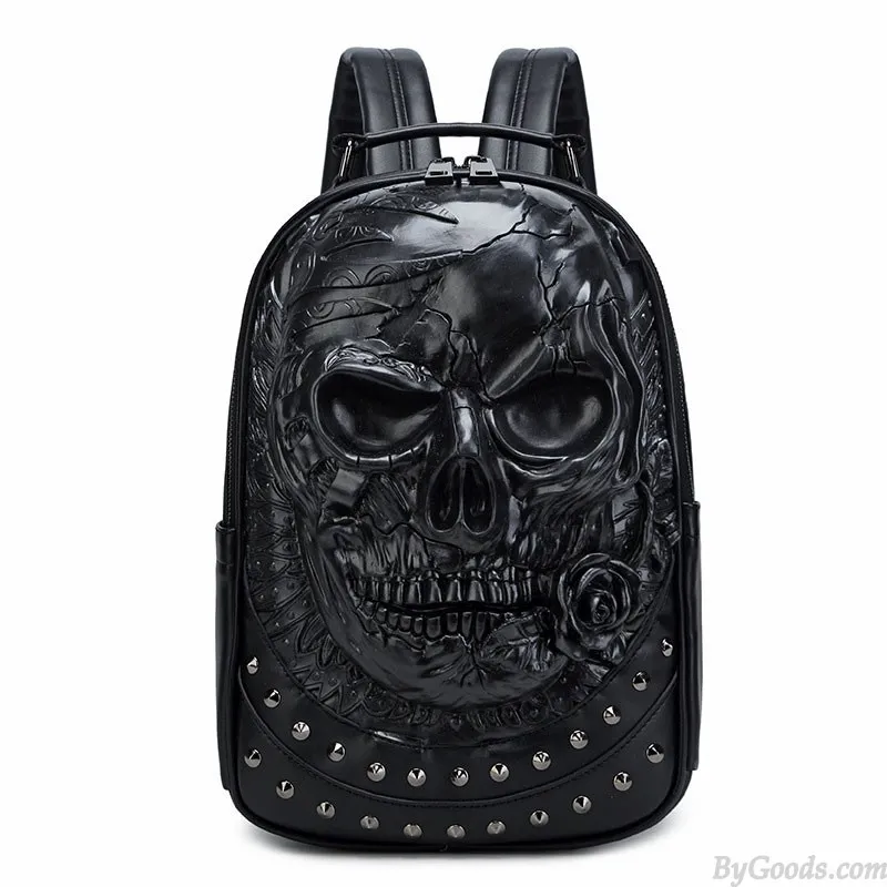 Skull Rose Rivet Travel Backpack for Teens and Men - Punk Style 3D Laptop Bag - PU Leather