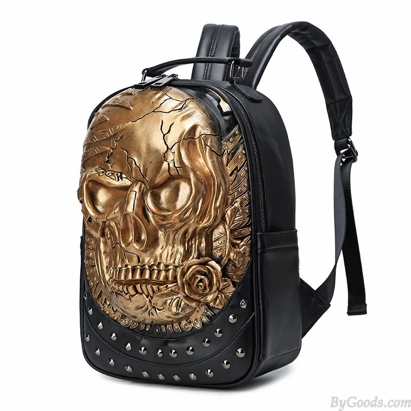 Skull Rose Rivet Travel Backpack for Teens and Men - Punk Style 3D Laptop Bag - PU Leather