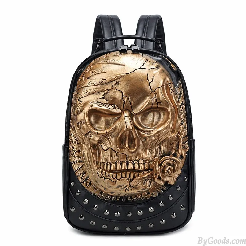 Skull Rose Rivet Travel Backpack for Teens and Men - Punk Style 3D Laptop Bag - PU Leather