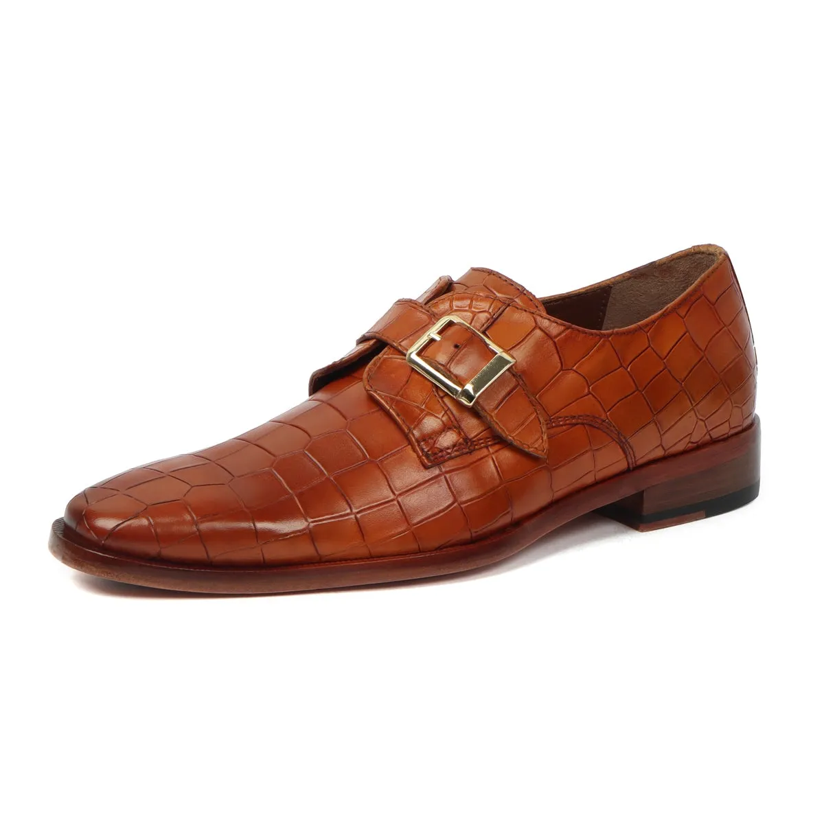 Slant Toe Formal Shoes With Derby Monk Strap Full Deep Cut Texture Leather