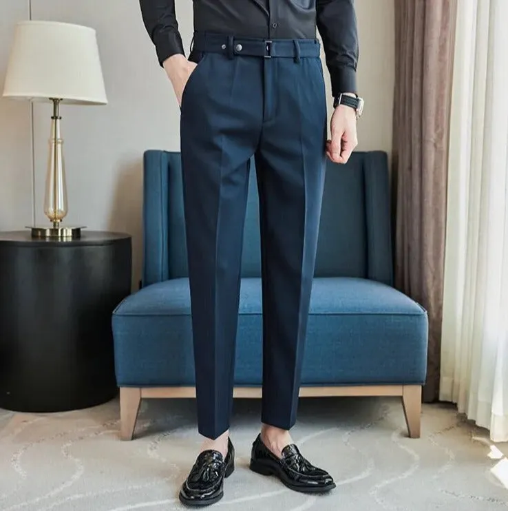 Slim Fit Ankle Length Belted Smart Trousers