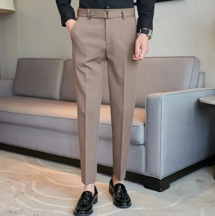 Slim Fit Ankle Length Belted Smart Trousers