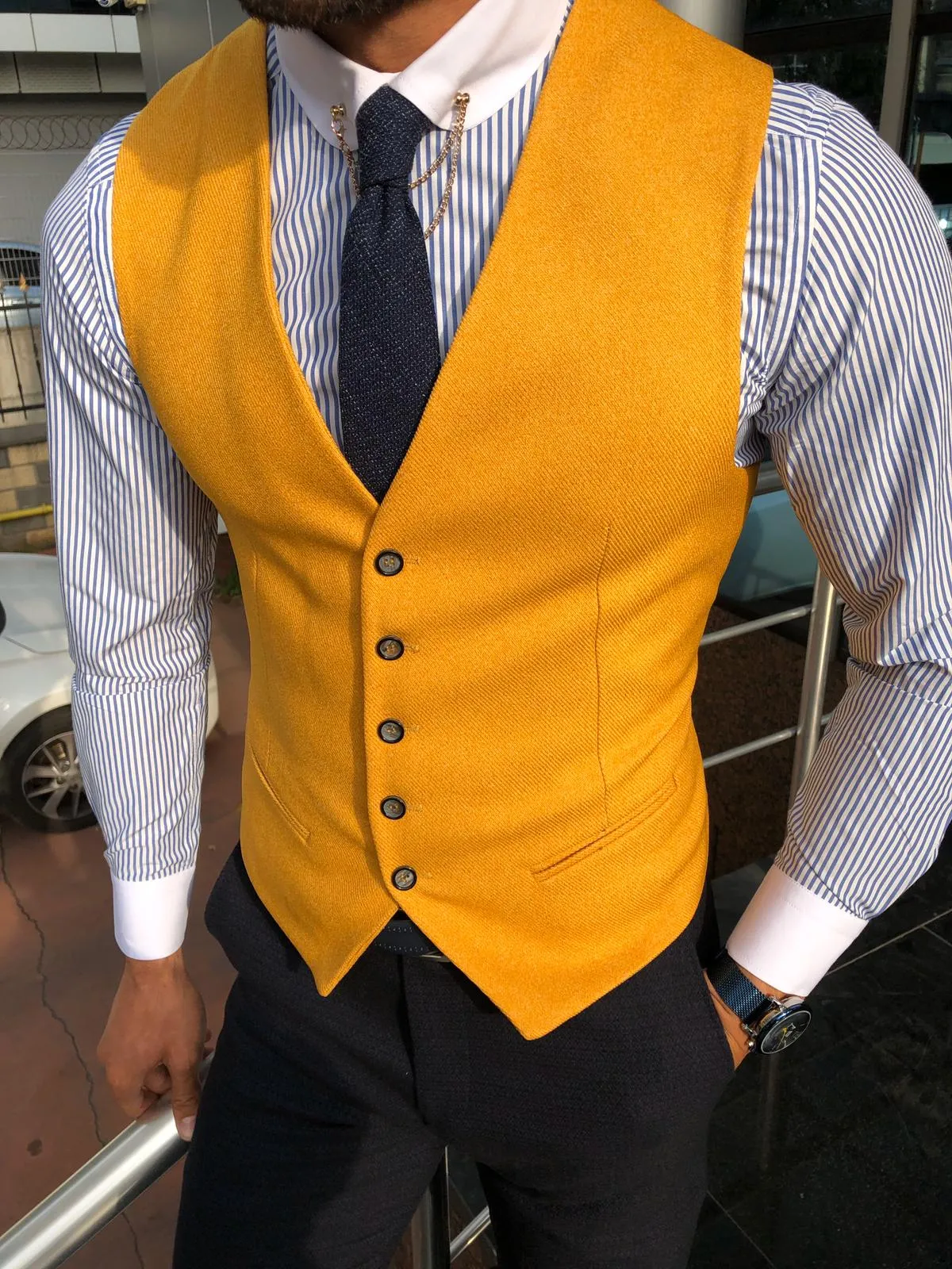 Slim-Fit Cotton Waist Coat MUSTARD