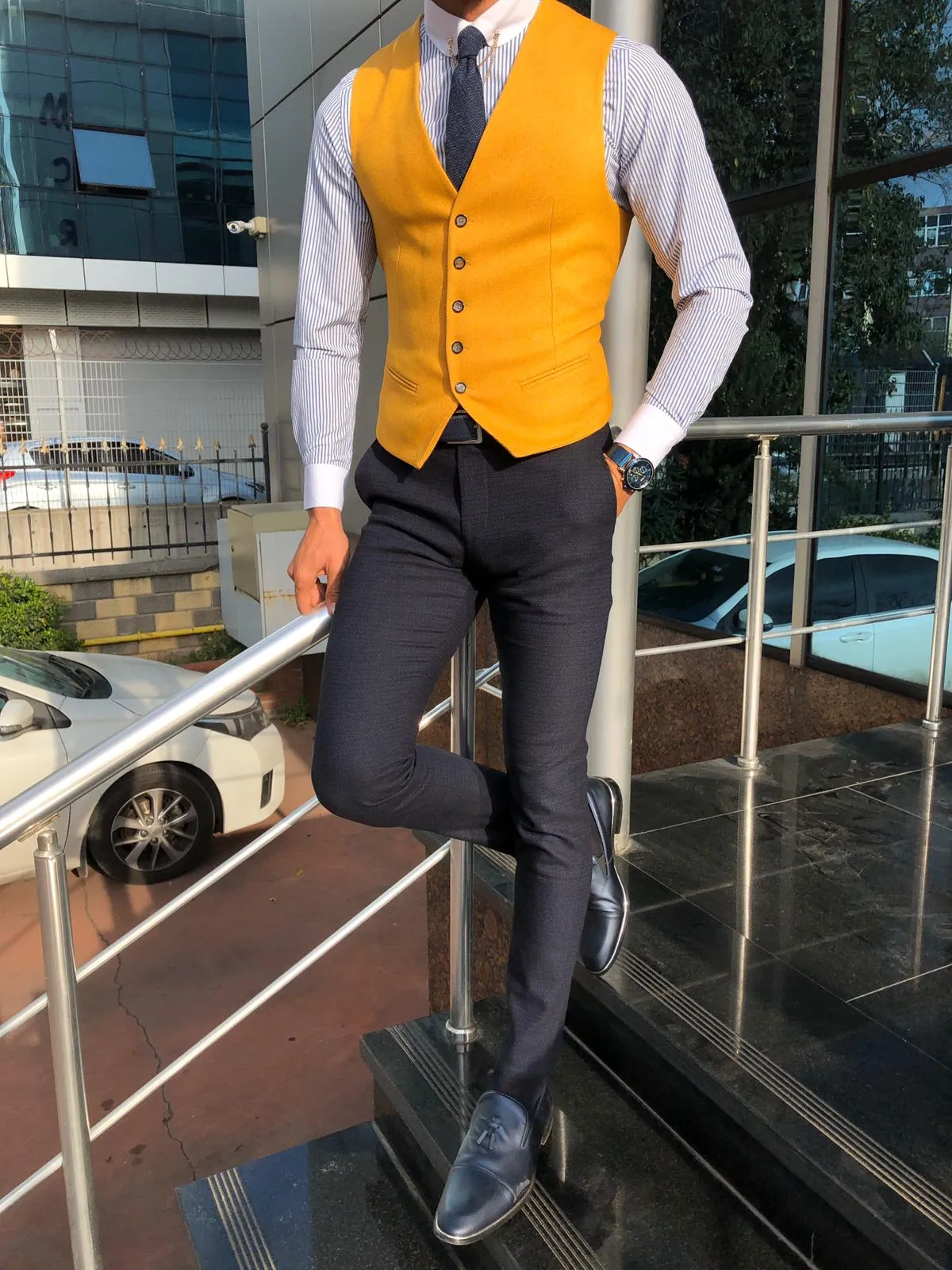 Slim-Fit Cotton Waist Coat MUSTARD