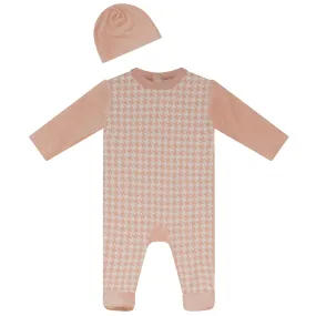 Pink Velour Houndstooth Stretchie and Hat Set