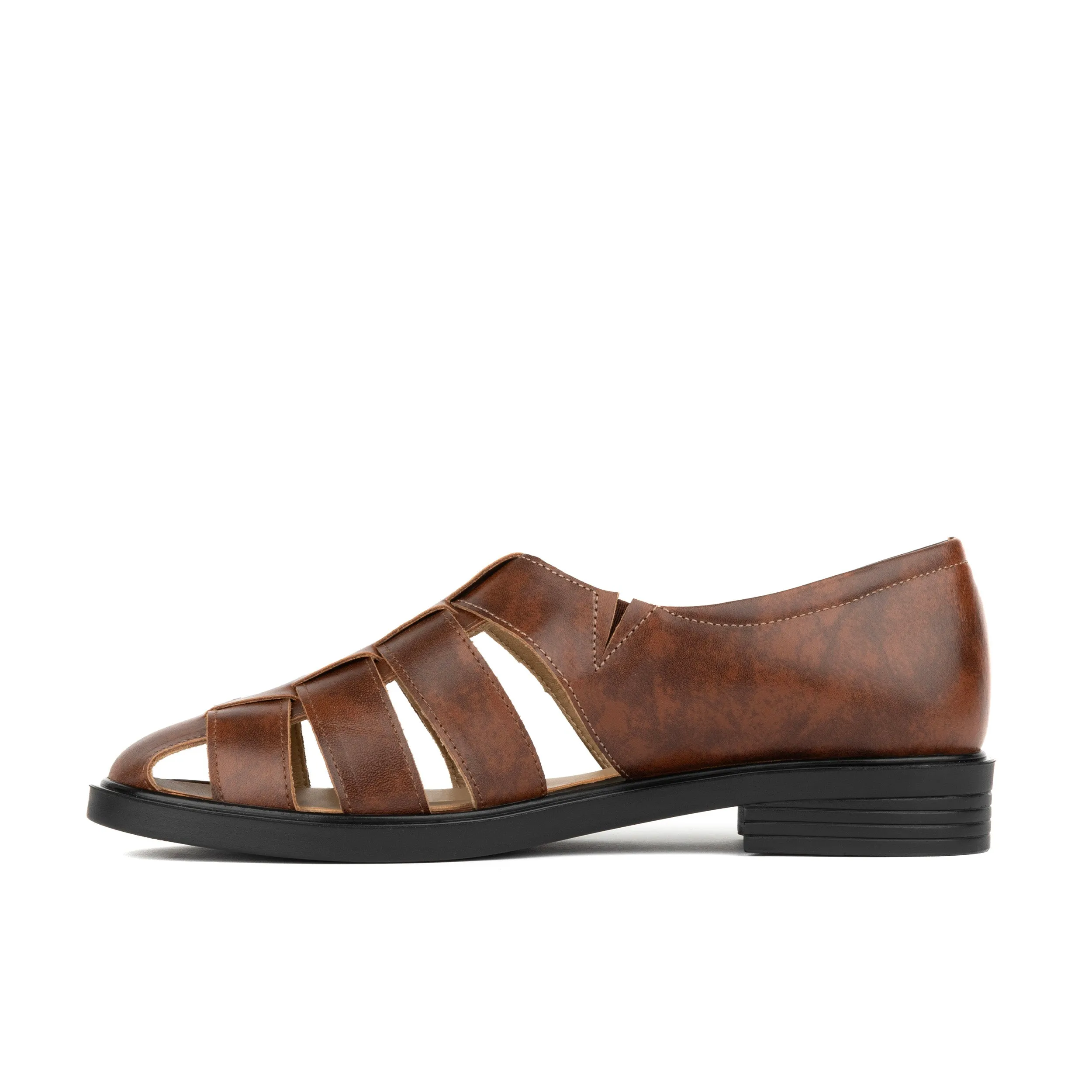 SORRENTO BROWN - Women's woven straps flat leather sandal with covered back