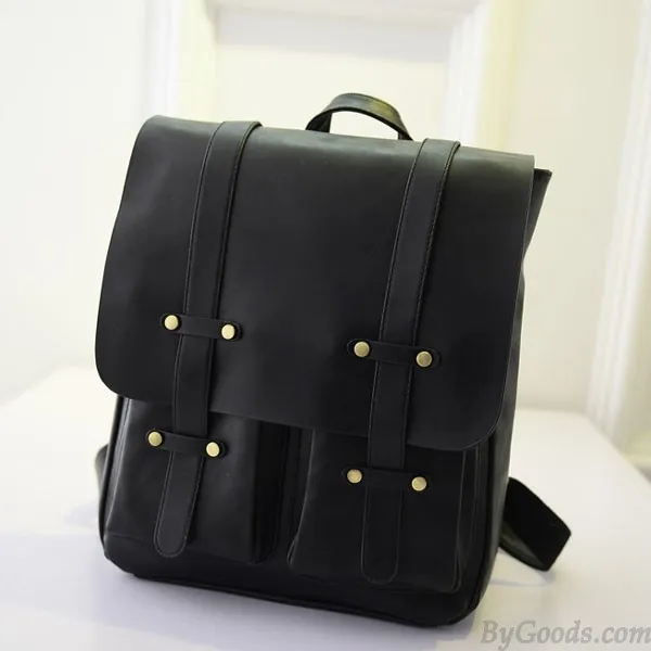 Square Double Belt School Bags Backpack - Vintage Style