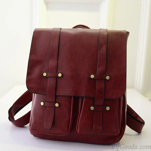 Square Double Belt School Bags Backpack - Vintage Style