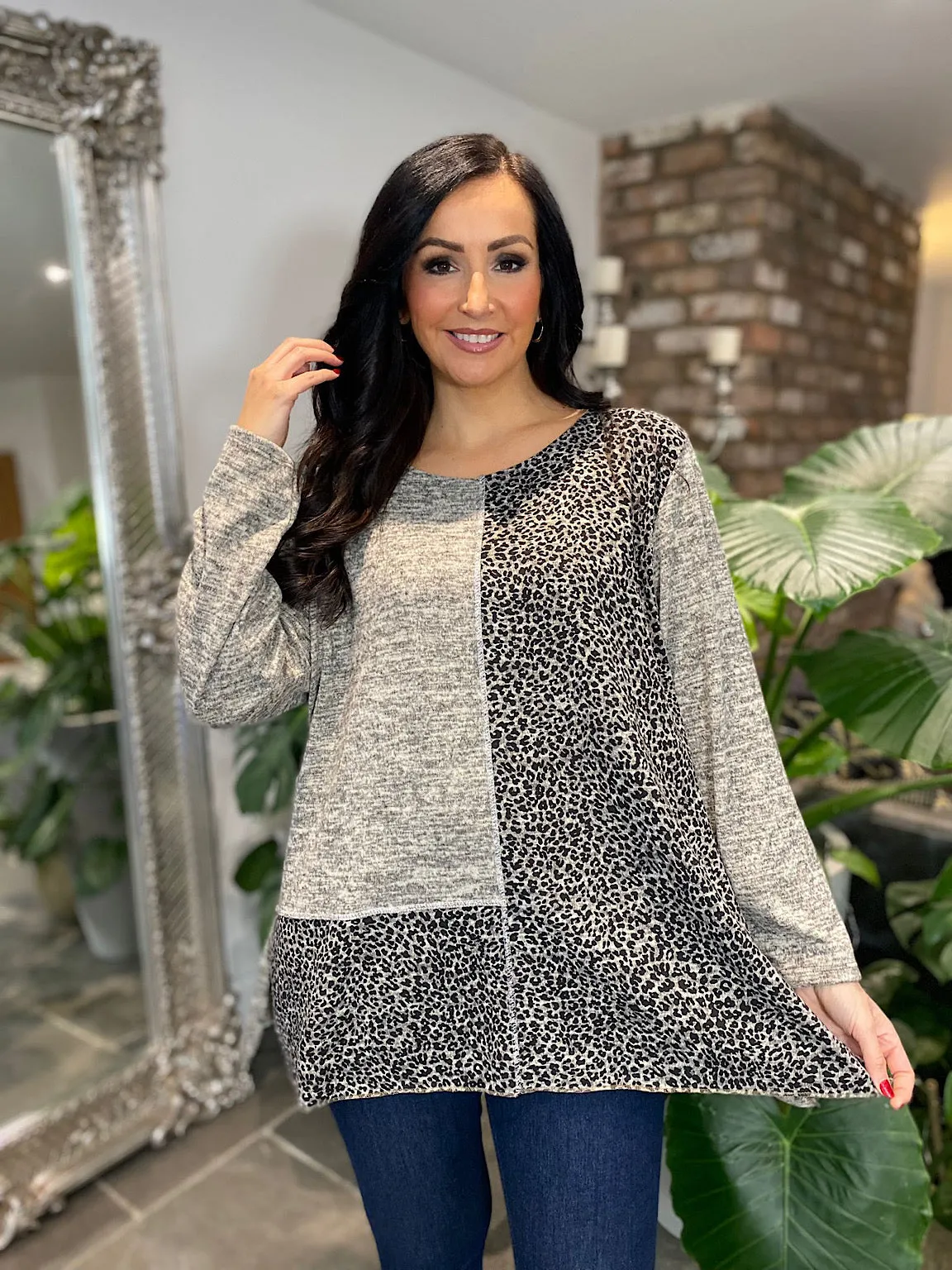 Stone Leopard Panel Knit Alana - Stylish Animal Print Sweater