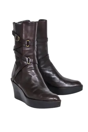 Stuart Weitzman - Brown Buckle Detail Wedged Boots Sz 8.5