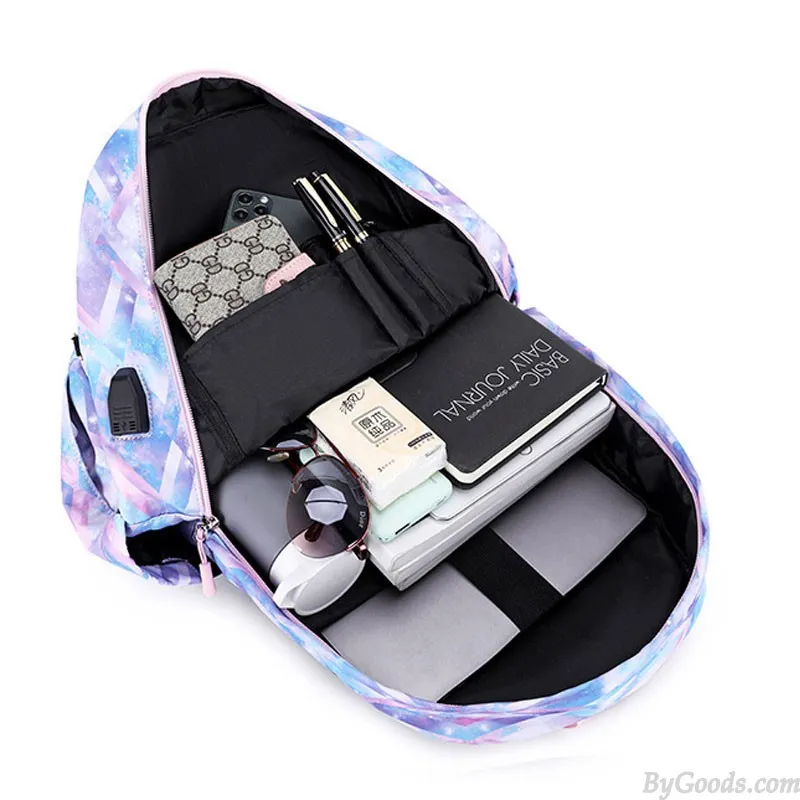 Stylish Diamond Print Waterproof School Backpack Set for Teens with Lunch Tote and Pencil Bag