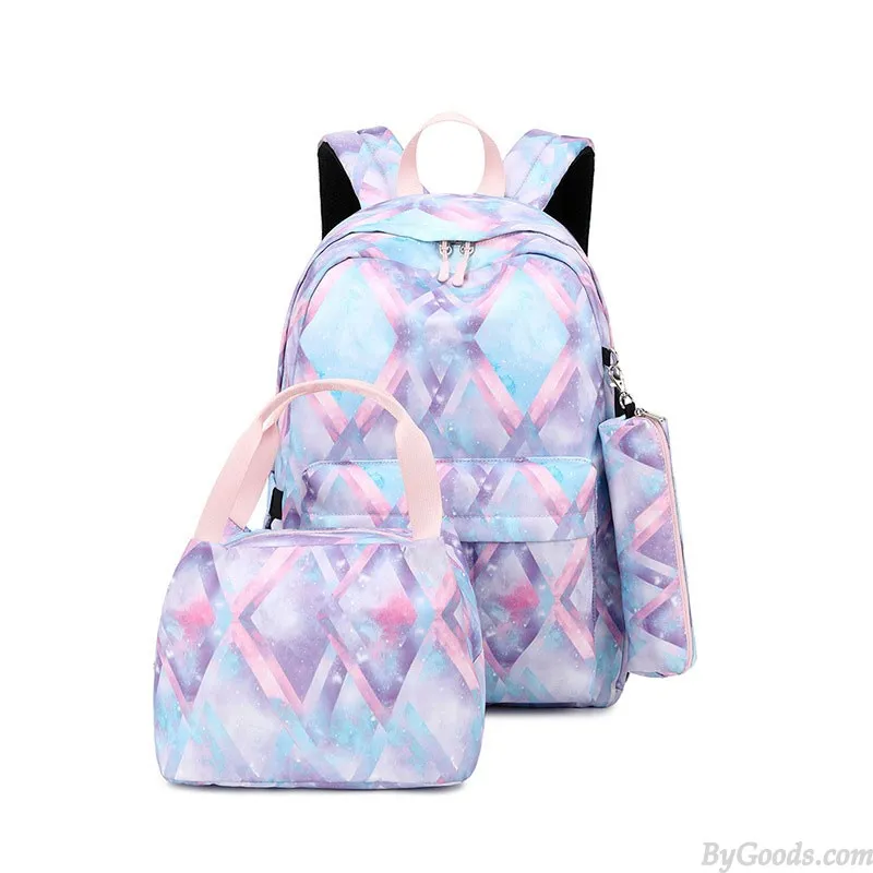 Stylish Diamond Print Waterproof School Backpack Set for Teens with Lunch Tote and Pencil Bag