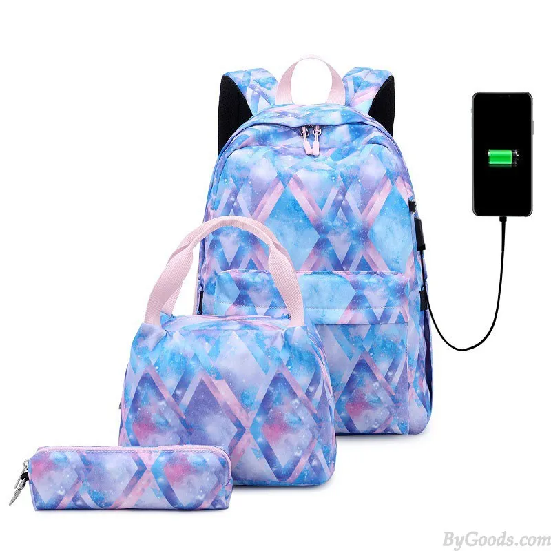 Stylish Diamond Print Waterproof School Backpack Set for Teens with Lunch Tote and Pencil Bag