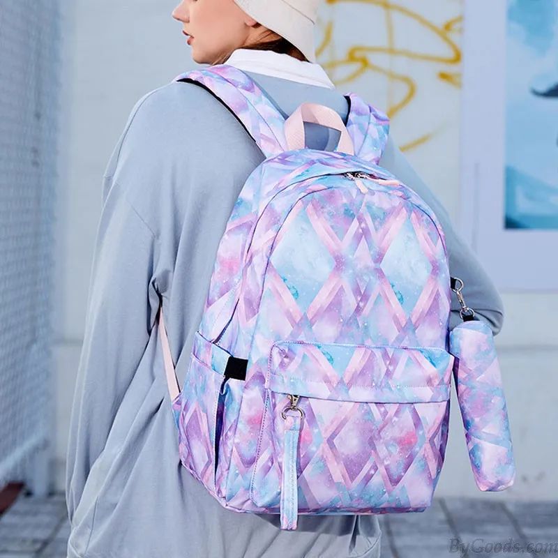 Stylish Diamond Print Waterproof School Backpack Set for Teens with Lunch Tote and Pencil Bag