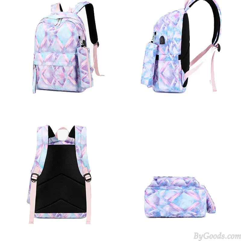 Stylish Diamond Print Waterproof School Backpack Set for Teens with Lunch Tote and Pencil Bag