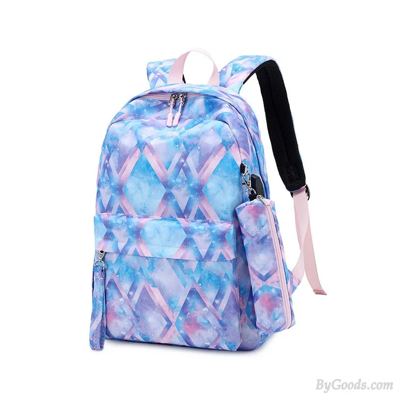 Stylish Diamond Print Waterproof School Backpack Set for Teens with Lunch Tote and Pencil Bag