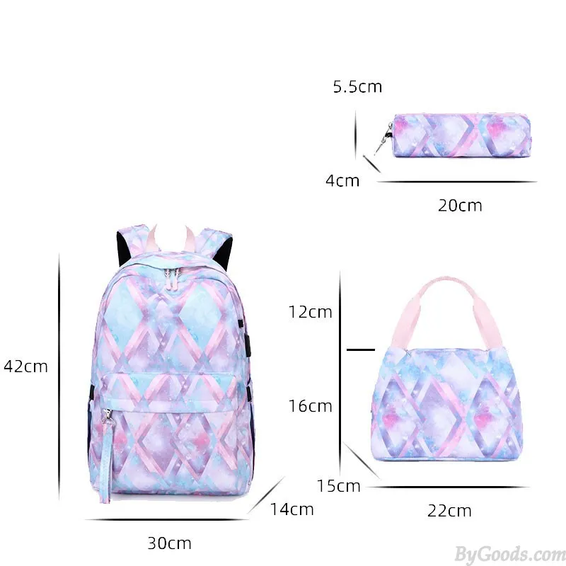 Stylish Diamond Print Waterproof School Backpack Set for Teens with Lunch Tote and Pencil Bag