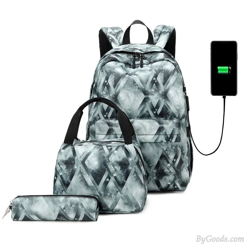 Stylish Diamond Print Waterproof School Backpack Set for Teens with Lunch Tote and Pencil Bag