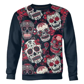 Unisex Sweatshirt with Red Rose Sugar Skull Design