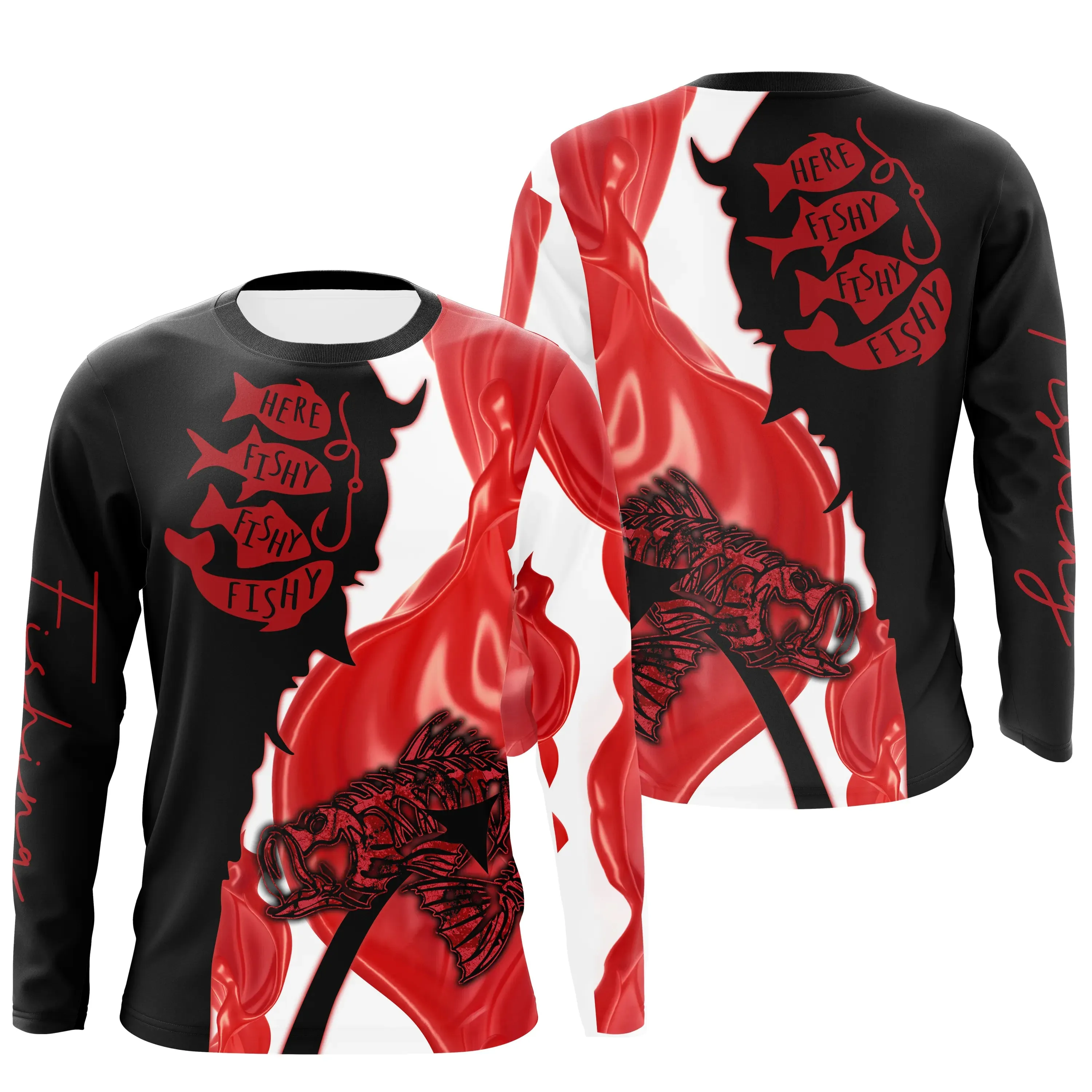 All-Over Fisherman T-Shirt, Great Gift for Fishing Fans, UV-Resistant Clothing in Red and Black, Fish Design - CTS22