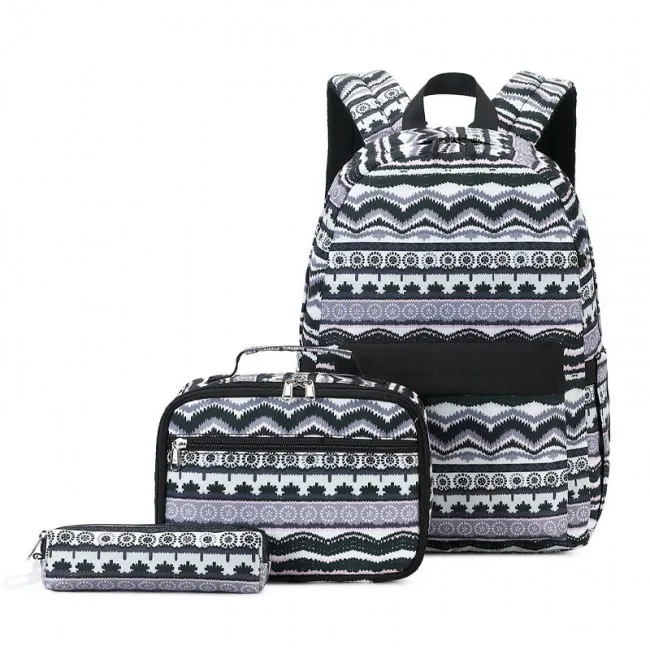 Teen Girl Backpack with Lunch Bag and Pencil Case - Folk Totem Print, Waterproof, Middle School Bookbag