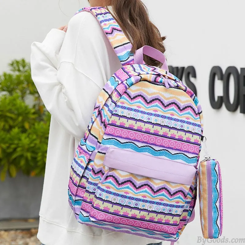 Teen Girl Backpack with Lunch Bag and Pencil Case - Folk Totem Print, Waterproof, Middle School Bookbag