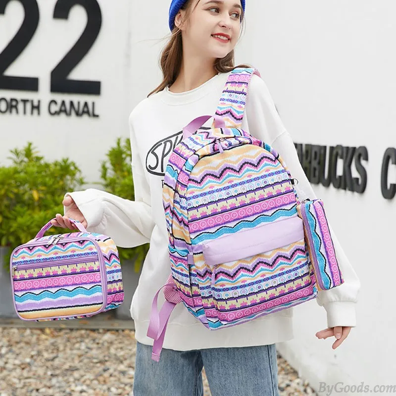 Teen Girl Backpack with Lunch Bag and Pencil Case - Folk Totem Print, Waterproof, Middle School Bookbag