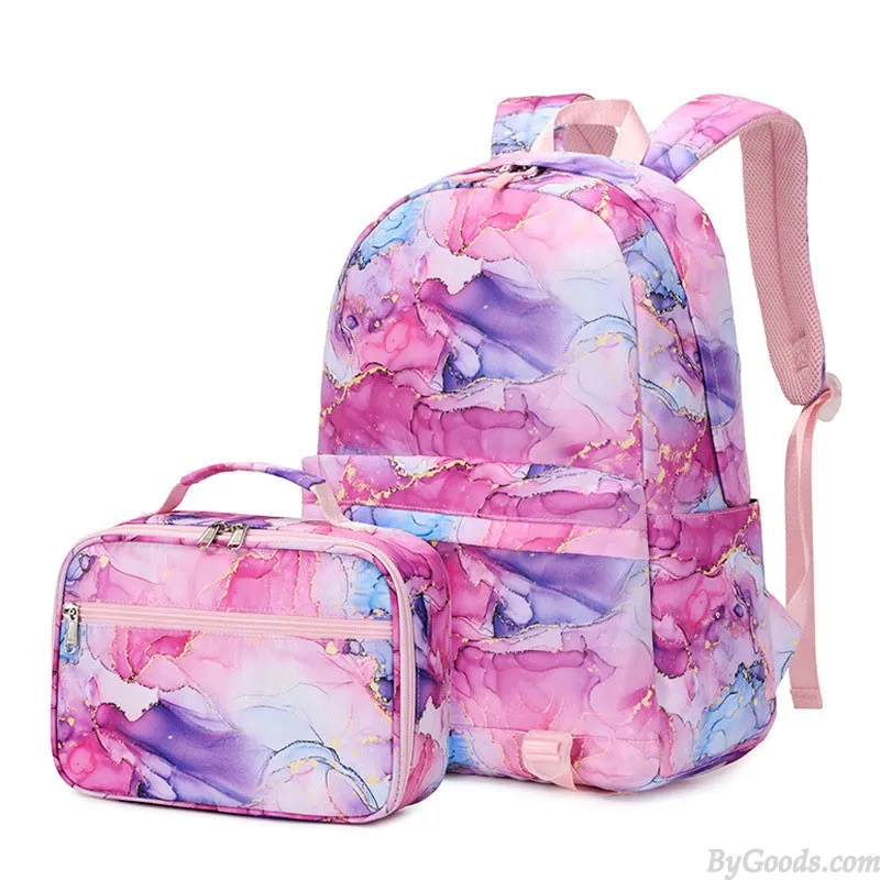 Teen Girls Colorful Abstract Printing Waterproof Backpack Set with Lunch Tote - Lightweight Middle School Bookbags