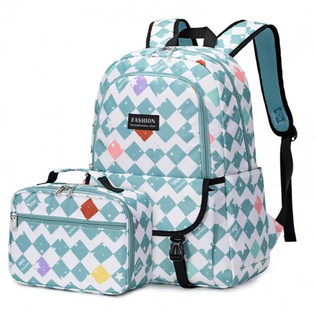 Teen Lightweight Backpack with Double Buckle Closure & Matching Lunch Tote - Water Resistant School Bookbags