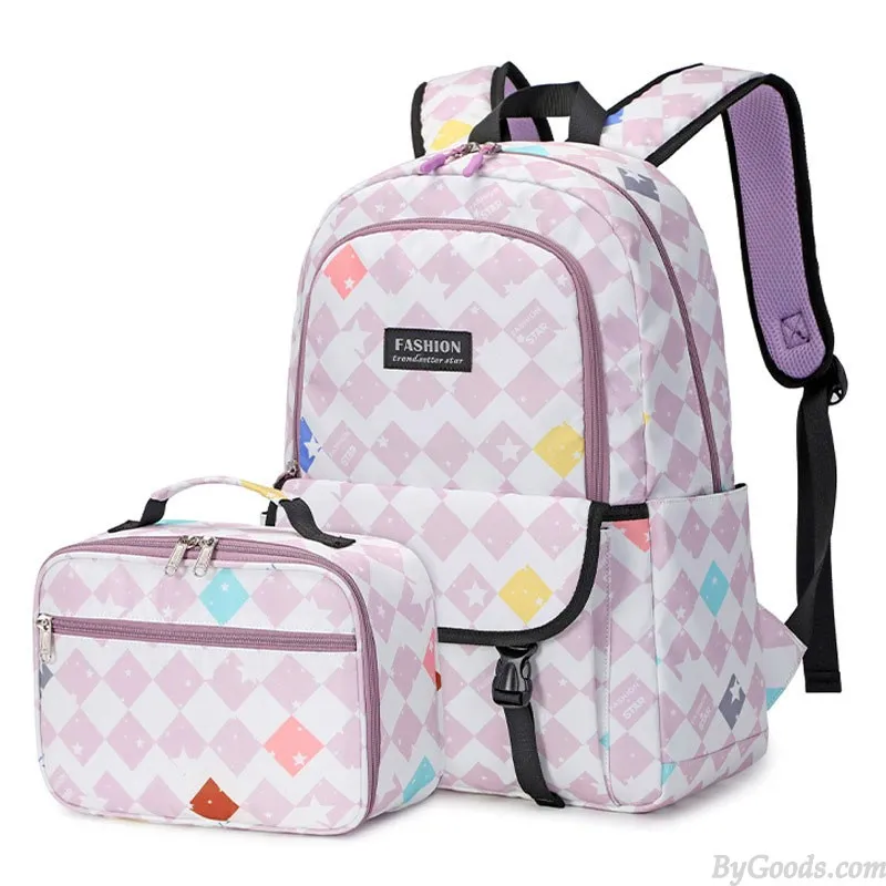 Teen Lightweight Backpack with Double Buckle Closure & Matching Lunch Tote - Water Resistant School Bookbags