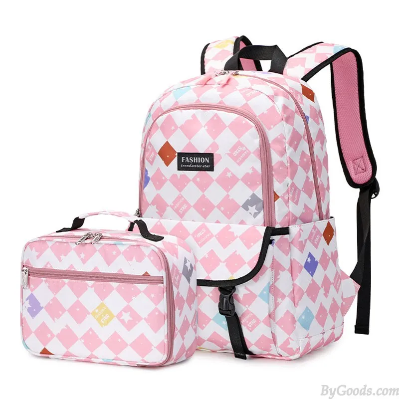 Teen Lightweight Backpack with Double Buckle Closure & Matching Lunch Tote - Water Resistant School Bookbags