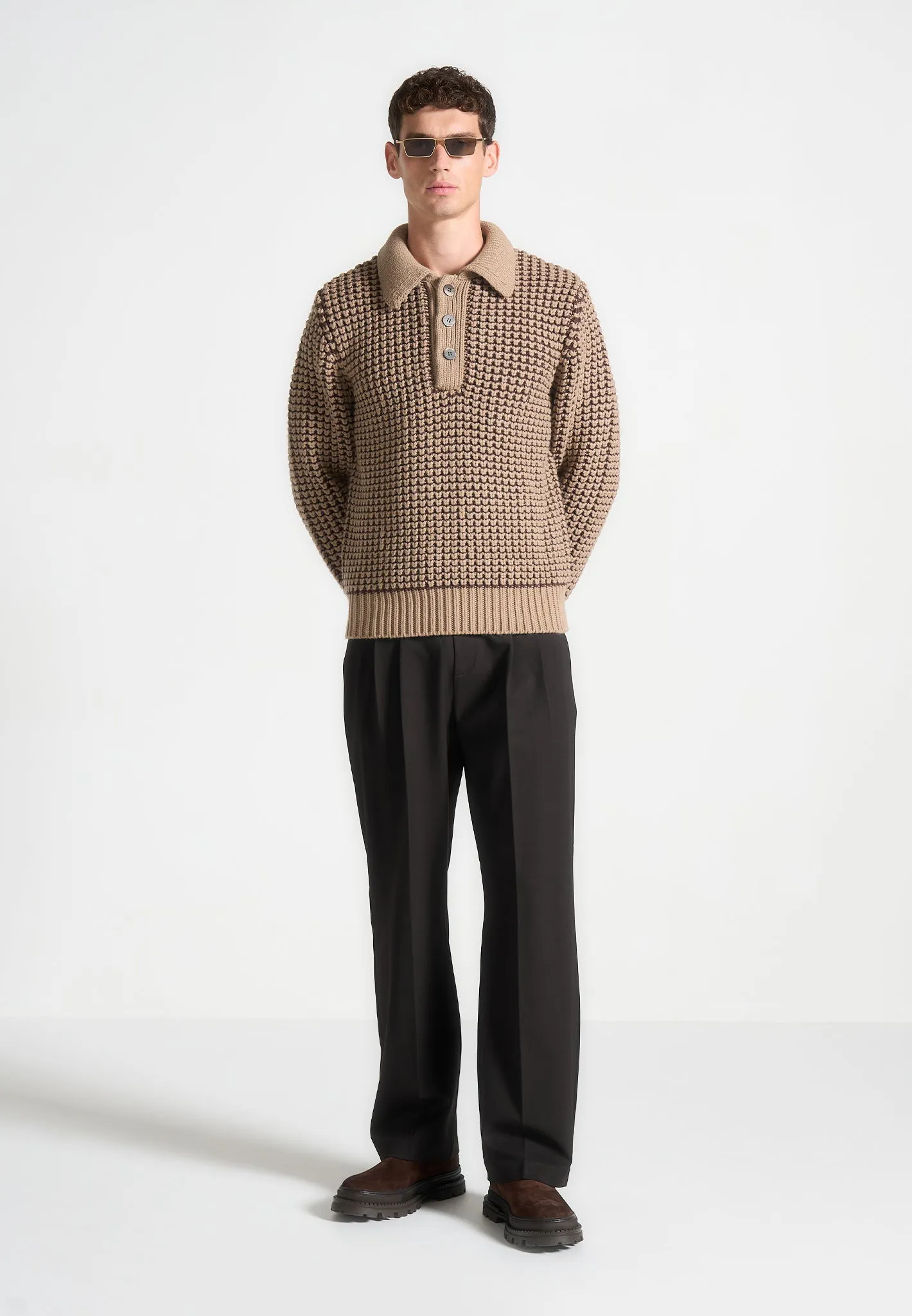 Textured Wool Knit Polo Jumper - Taupe