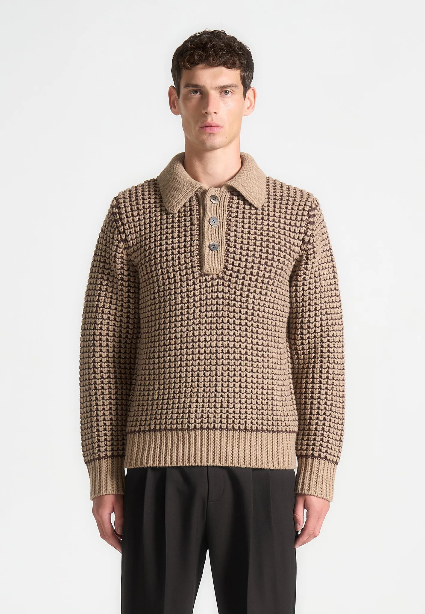 Textured Wool Knit Polo Jumper - Taupe