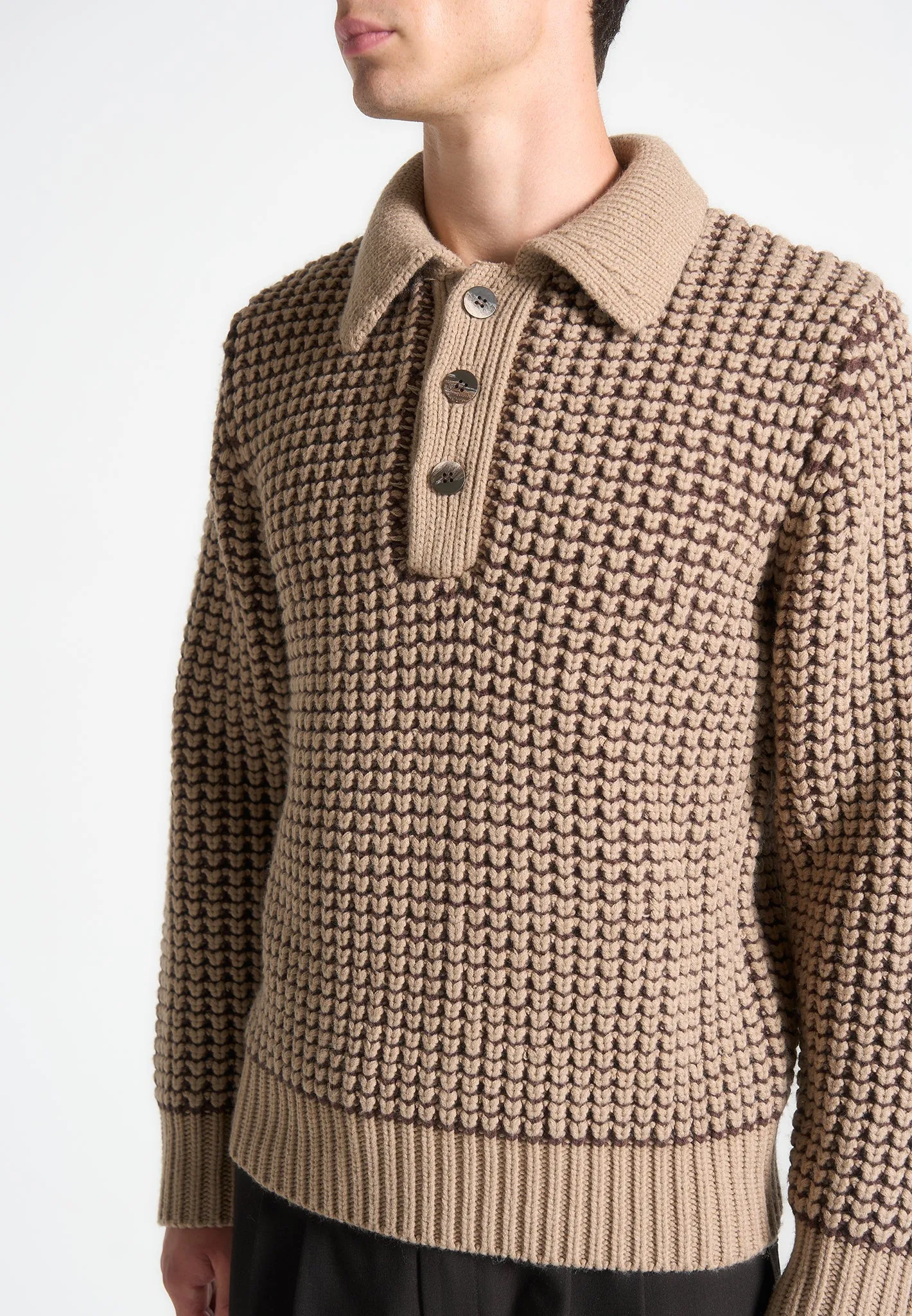 Textured Wool Knit Polo Jumper - Taupe