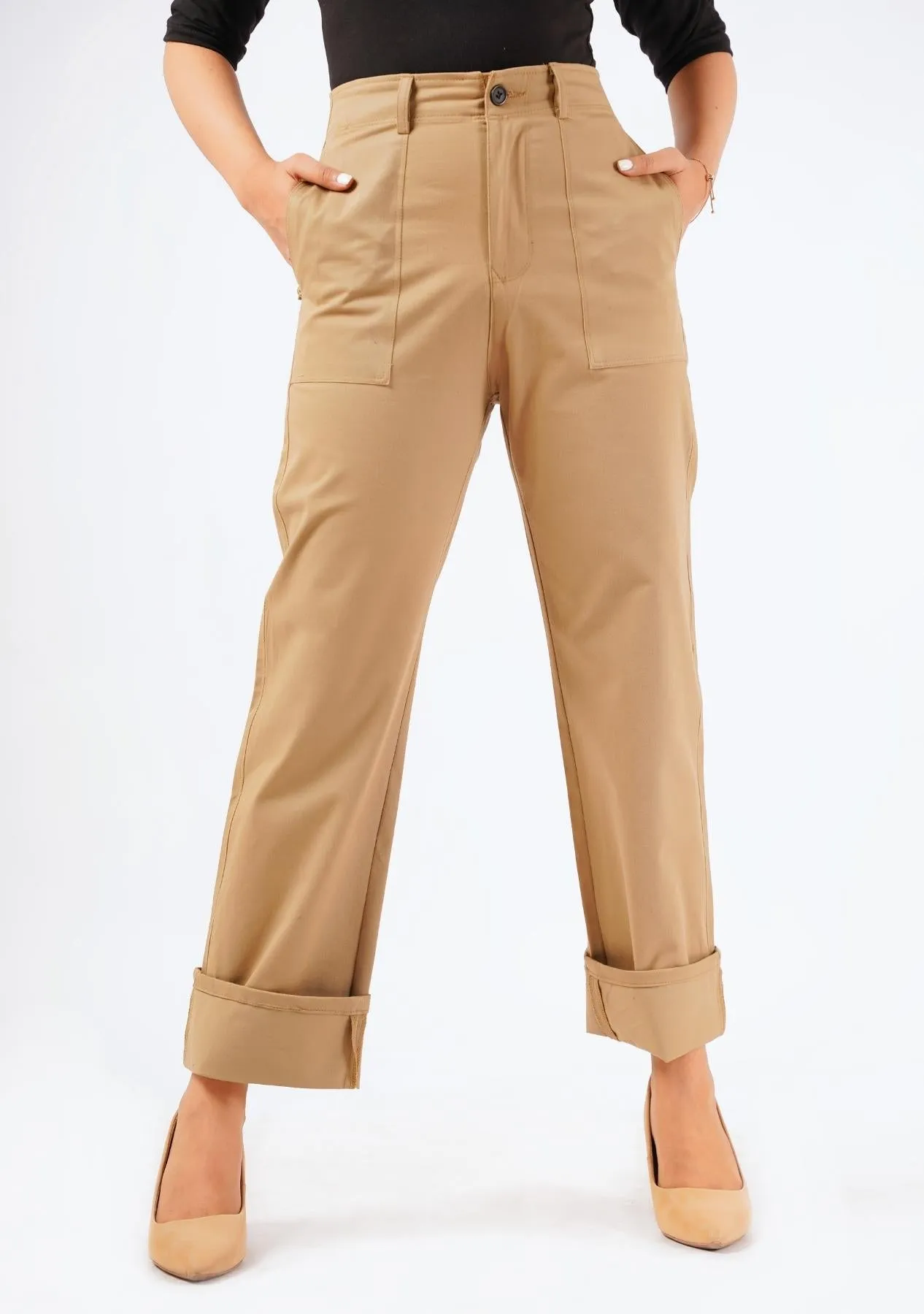 Trousers with turn up hem - camel brown