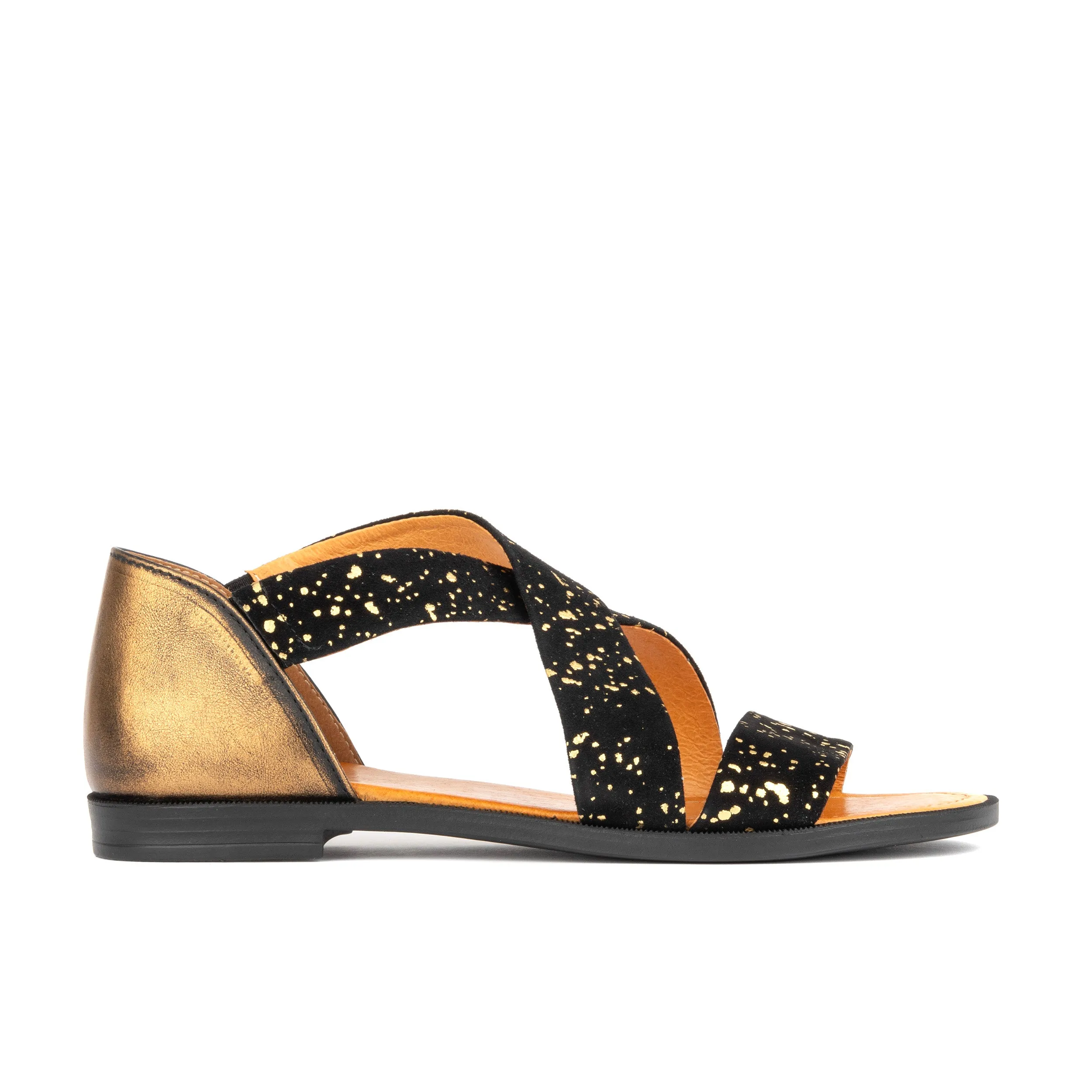 TUCAN BLACK GOLD DROPS - Women's flat ankle criss cross suede leather sandal