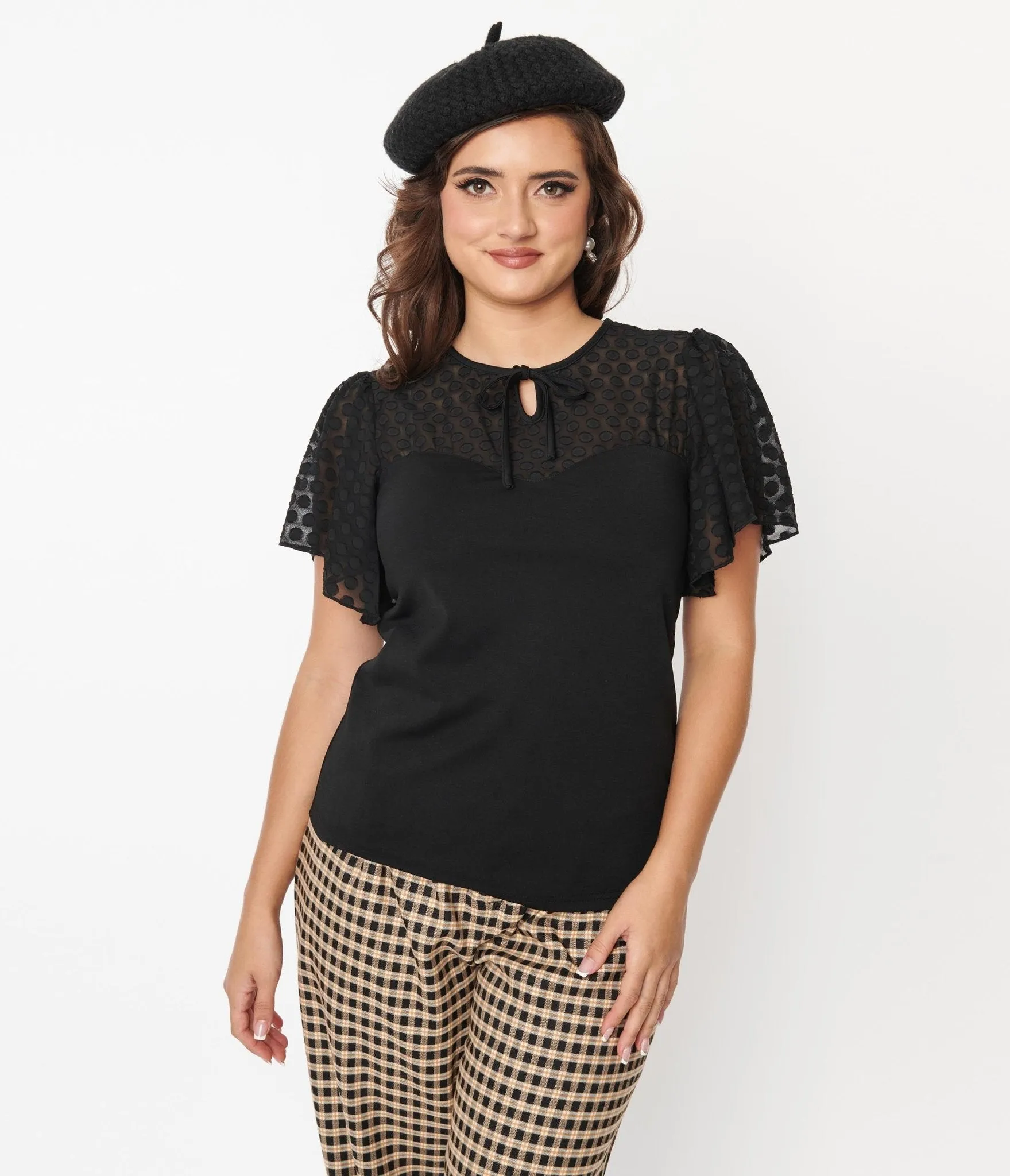 Vintage Black Clip Dot Flutter Sleeve Top