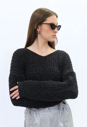 V Neck Cropped Knit in Navy