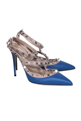 Valentino - Blue & Beige Studded Strappy Heels Sz 10.5