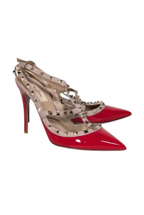 Valentino - Red & Beige Studded Strappy Heels Sz 10.5