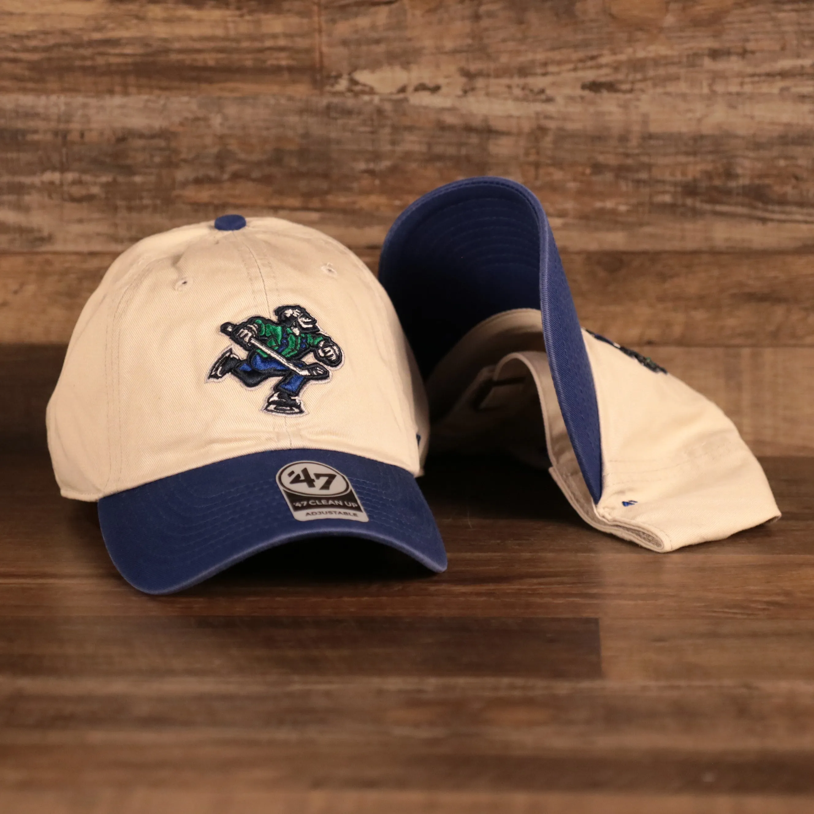 Vancouver Canucks Skating Man Patch Front Two Tone Clean Up Dad Hat Vintage White Royal Blue OSFM