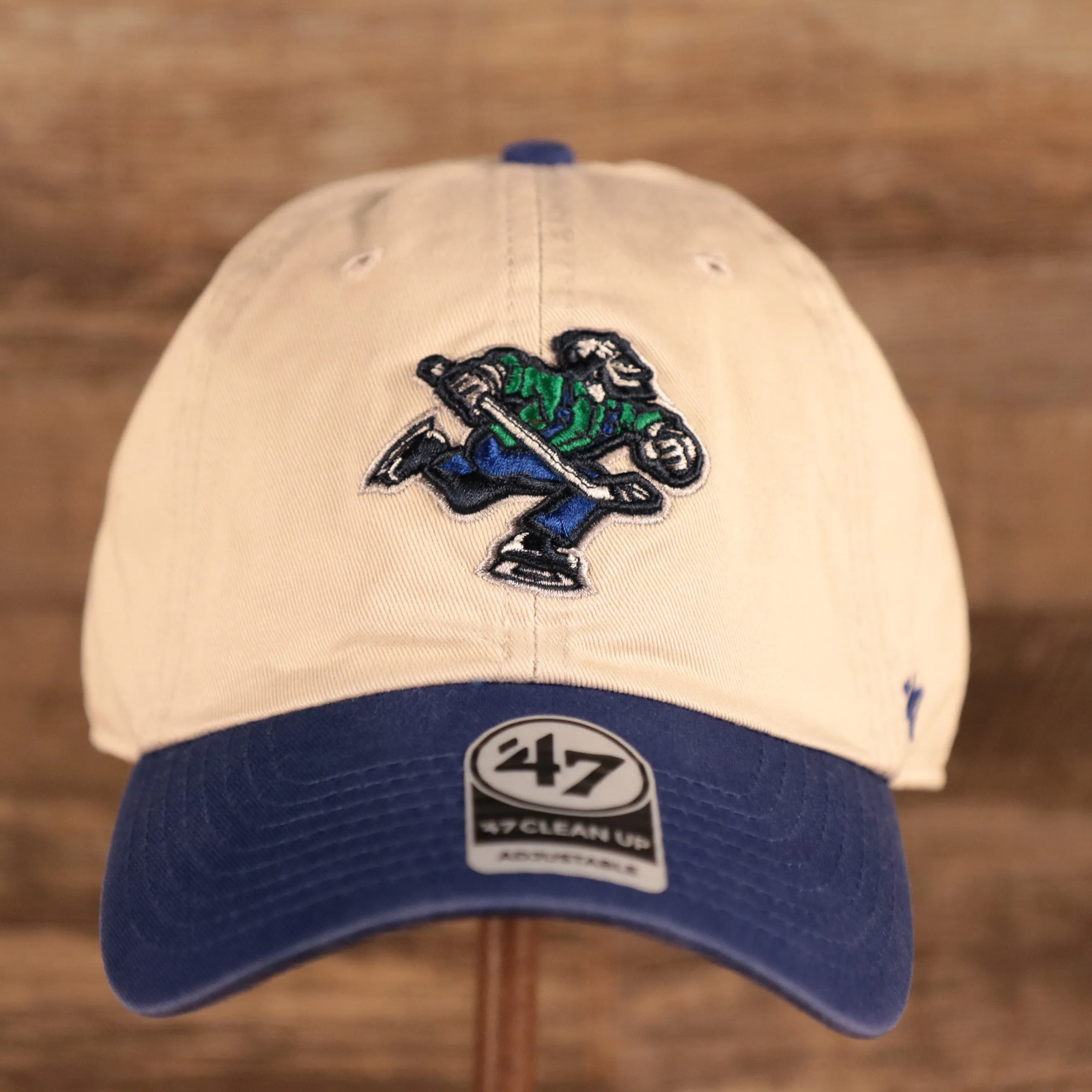 Vancouver Canucks Skating Man Patch Front Two Tone Clean Up Dad Hat Vintage White Royal Blue OSFM