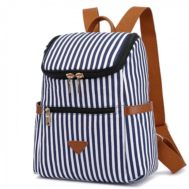 Vertical Striped Student Backpack - Canvas Summer School Bag