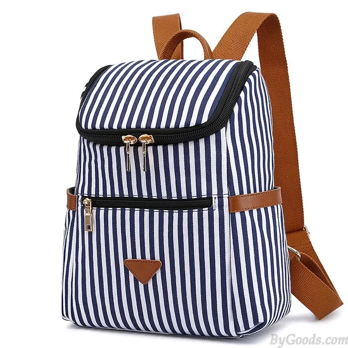 Vertical Striped Student Backpack - Canvas Summer School Bag