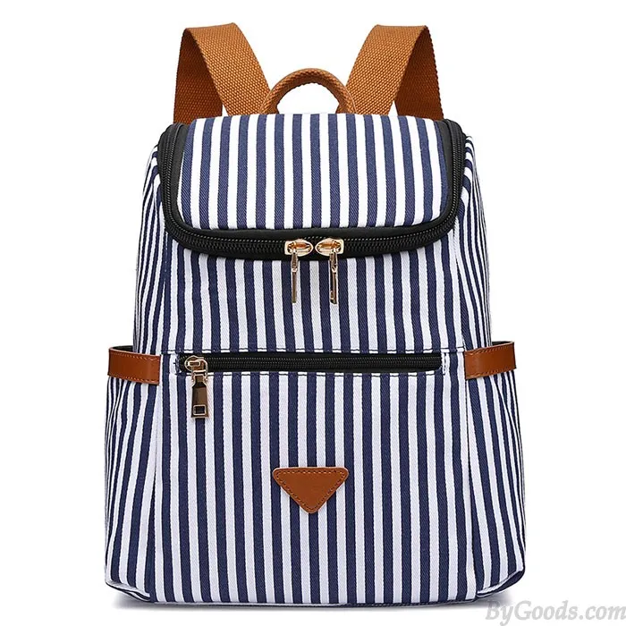 Vertical Striped Student Backpack - Canvas Summer School Bag